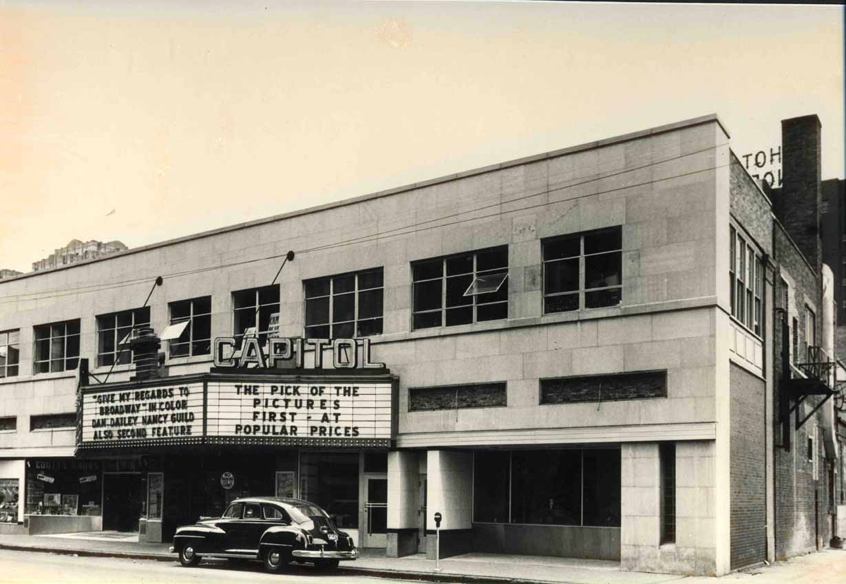 Front facade of Windsor’s Capitol Theatre in 1941 featuring a large entrance marque and strong horizontal composition